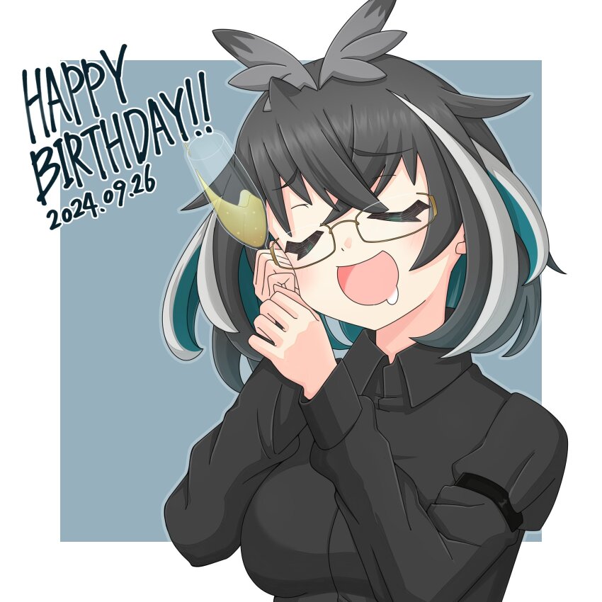 1girl :d alcohol black-framed_eyewear black_hair black_shirt blue_hair breasts champagne champagne_flute closed_eyes collared_shirt commentary_request cup dated drinking_glass glasses grey_background grey_hair grey_wings happy_birthday head_wings highres long_sleeves medium_breasts multicolored_hair nanashi_inc. open_mouth oura_rukako oura_rukako_(1st_costume) shirt short_hair shuh simple_background smile solo streaked_hair two-tone_background upper_body virtual_youtuber white_background wings