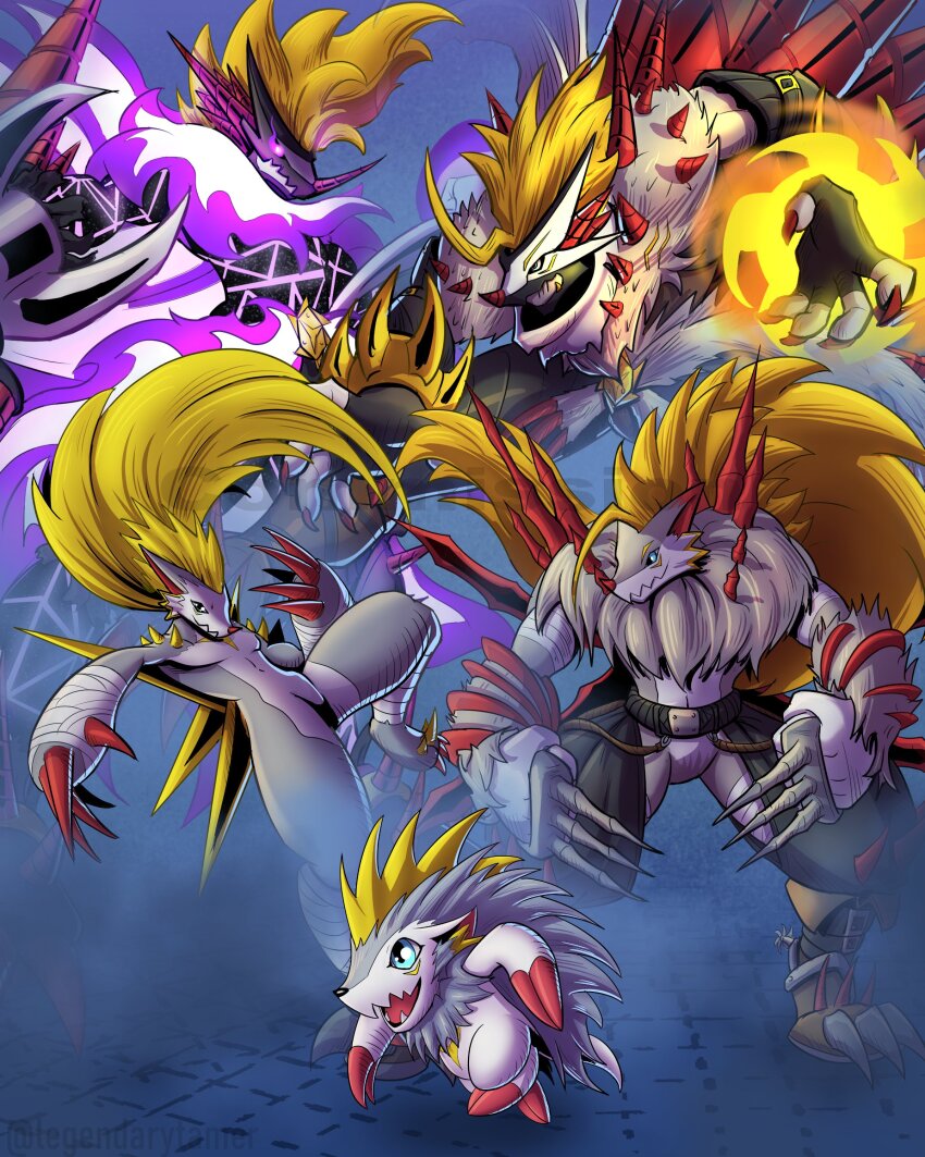absurdres claws digimon evolutionary_line filmon herissmon highres pukamon rasenmon rasenmon_fury_mode sharp_teeth stiffilmon teeth