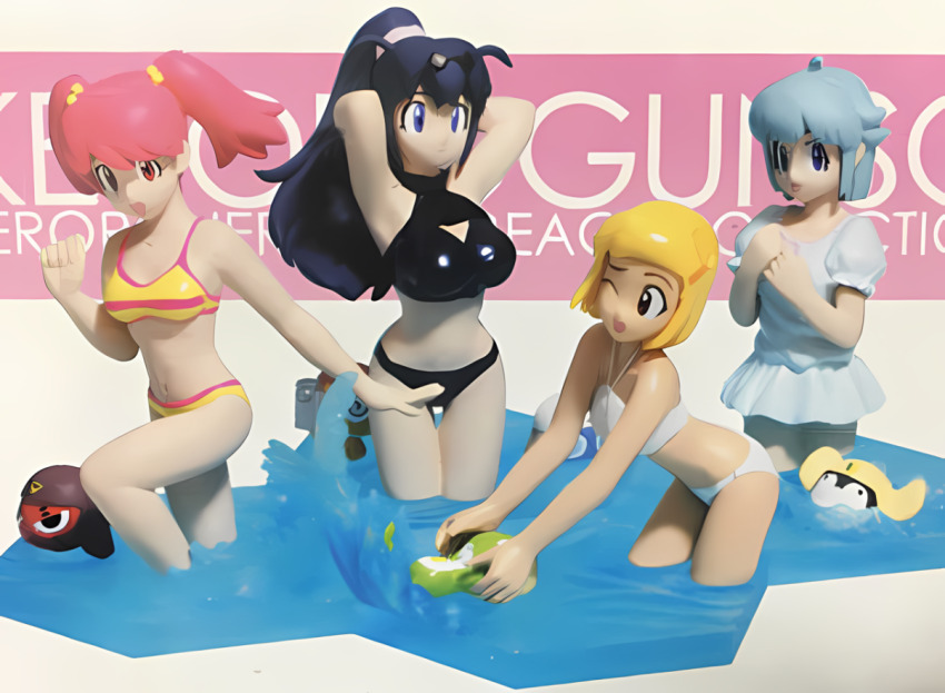 action_figure angol_mois arms_behind_head bikini black_bikini black_hair blonde_hair blue_bikini blue_eyes blue_hair breasts brown_eyes dororo_(keroro_gunsou) giroro green_bikini hinata_aki hinata_natsumi keroro keroro_gunsou looking_at_viewer multiple_boys multiple_girls nishizawa_momoka one_eye_closed photo_(medium) red_eyes red_hair swimsuit tamama yellow_bikini