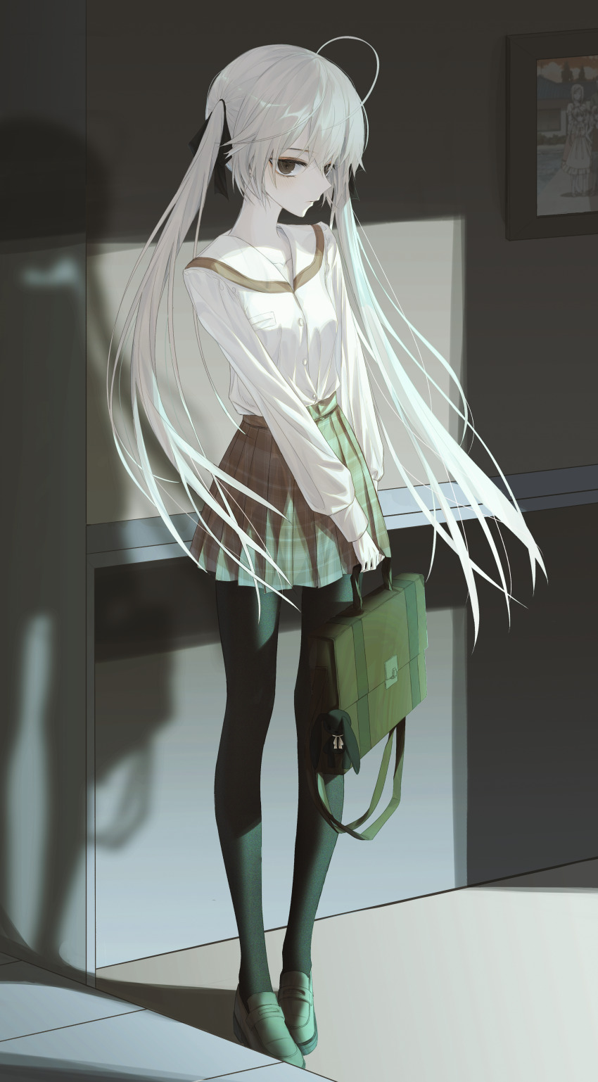 1girl absurdres black_eyes black_pantyhose briefcase expressionless full_body highres kasugano_sora loafers long_hair looking_at_viewer pantyhose school_briefcase school_uniform shadow shoes sideways_glance skirt solo sorala_(artist) twintails very_long_hair white_hair yosuga_no_sora