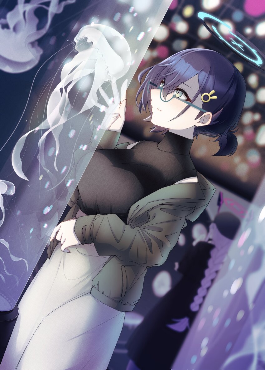 1girl absurdres alternate_costume aqua-framed_eyewear aquarium black_hair black_shirt blue-framed_eyewear blue_archive braid breasts casual chihiro_(blue_archive) fish_tank glasses green_jacket hair_ornament halo headgear highres jacket jellyfish long_hair low_ponytail ponytail purple_hair rabbit_hair_ornament ryusei_(ster0629) semi-rimless_eyewear shirt short_hair skirt sleeveless sleeveless_shirt turtleneck turtleneck_shirt utaha_(blue_archive) white_skirt