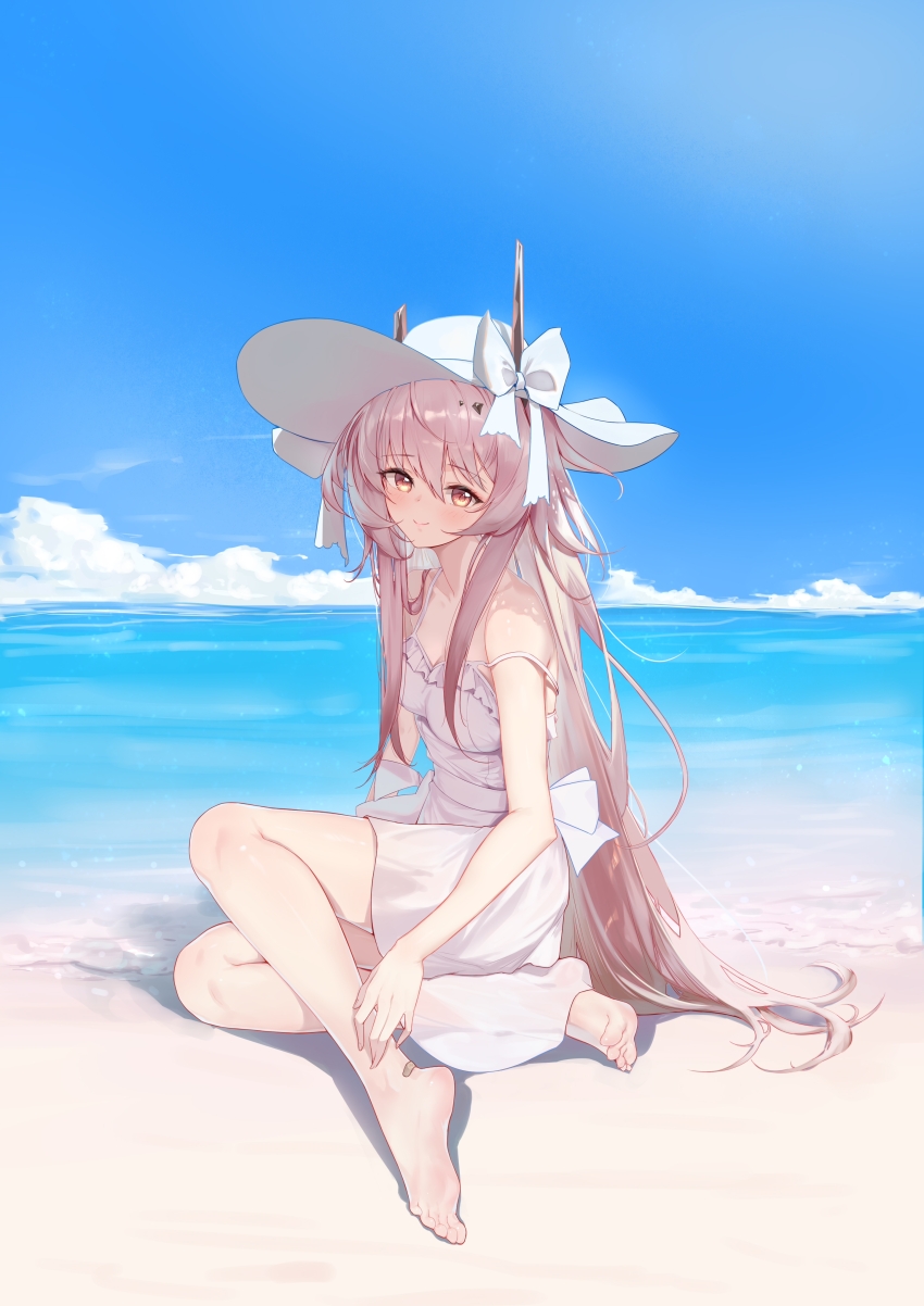 1girl absurdres arknights bandaid bandaid_on_foot bare_shoulders barefoot beach black_horns blue_sky blush bow c: chinese_commentary closed_mouth cloud commentary_request day dorsiflexion dress feet full_body hair_between_eyes hand_on_own_leg hat hat_bow highres horizon horns long_hair looking_at_viewer material_growth ocean on_ground orange_eyes oripathy_lesion_(arknights) outdoors pink_hair qaq_baiguang sand sitting sky smile soles solo spaghetti_strap strap_slip sun_hat sunlight theresa_(arknights) toes very_long_hair water white_bow white_dress white_hat