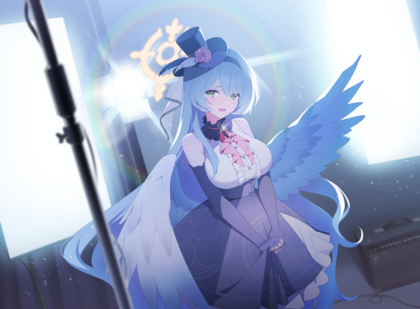 1girl amplifier artist_request ascot bare_shoulders black_headband blue_archive blue_hair blue_wings blush breasts center_frills cleavage cleavage_cutout clothing_cutout crying detached_sleeves elbow_gloves feathered_wings fingerless_gloves flower flower_hat frills game_cg gem gloves green_eyes green_gemstone halo hat hat_flower headband highres idol idol_clothes large_breasts long_hair looking_at_viewer mine_(blue_archive) mine_(idol)_(blue_archive) mini_hat mini_top_hat official_alternate_costume official_alternate_hairstyle official_art open_mouth pointy_ears red_ascot shirt skirt sleeveless sleeveless_shirt solo studio_lights top_hat very_long_hair wings yellow_halo