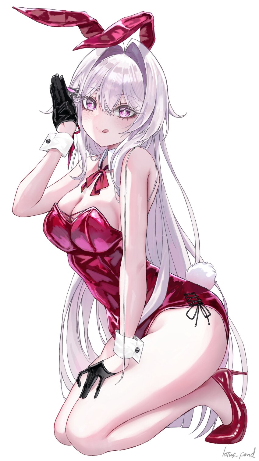 1girl 316_lp absurdres alternate_costume animal_ears black_gloves breasts cleavage commentary fake_animal_ears fake_tail gloves high_heels highres honkai_(series) honkai_impact_3rd kneeling large_breasts leotard licking_lips long_hair playboy_bunny rabbit_ears rabbit_tail red_leotard simple_background solo symbol-only_commentary tail thelema_nutriscu tongue tongue_out very_long_hair white_background white_hair wrist_cuffs