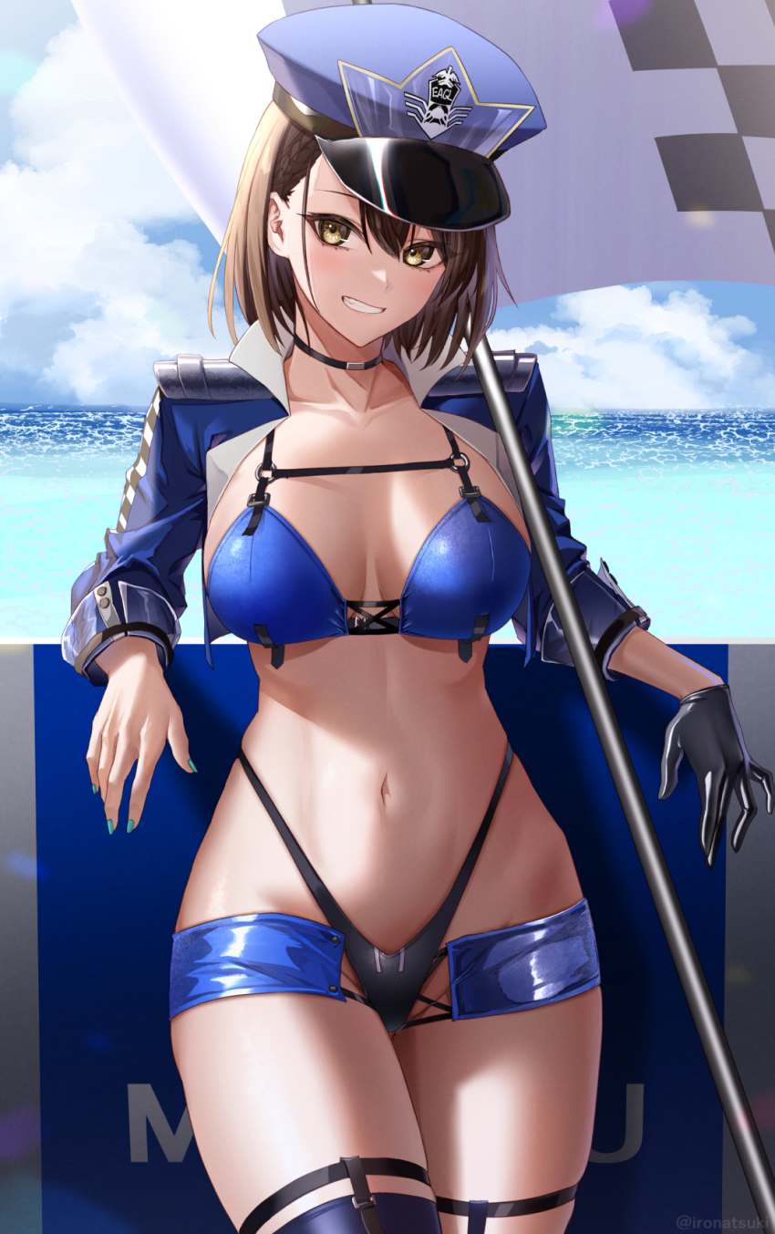 1girl azur_lane baltimore_(azur_lane) baltimore_(finish_line_flagbearer)_(azur_lane) beach bikini black_bikini black_gloves black_thighhighs blue_bikini blue_headwear blue_jacket blue_sky blush breasts brown_hair choker cleavage collarbone cropped_jacket flag gloves grin highleg highleg_bikini highres ironatsuki jacket large_breasts long_sleeves looking_at_viewer micro_shorts mismatched_bikini navel ocean official_alternate_costume parted_lips race_queen short_hair shorts single_glove sky smile solo swimsuit thighhighs thighs yellow_eyes