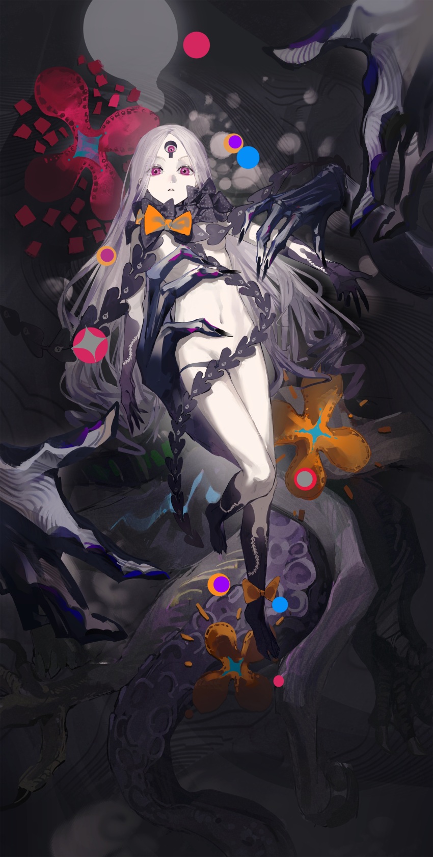 1girl abigail_williams_(fate) abigail_williams_(third_ascension)_(fate) absurdres alternate_costume alternate_skin_color bare_shoulders barefoot black_bow black_hands black_panties bow breasts colored_extremities colored_skin corruption eldritch_abomination fate/grand_order fate_(series) feijiu forehead full_body highres keyhole long_hair looking_at_viewer navel orange_bow pale_skin panties parted_bangs possessed possession purple_eyes small_breasts solo thighs third_eye underwear white_hair white_skin yog-sothoth