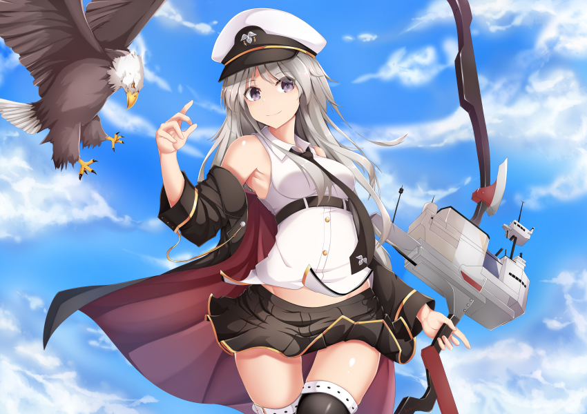 1girl absurdres azur_lane bird black_thighhighs blonde_hair blue_eyes bow bow_(weapon) breasts calligraphy_brush calligraphy_brush_(medium) cloud cloudy_sky day eagle enterprise_(azur_lane) female_focus gloves graphite_(medium) hair_ornament hat highres kana616 large_breasts long_hair looking_at_viewer miniskirt necktie open_clothes paintbrush peaked_cap shirt skirt sky sleeveless sleeveless_shirt smile solo thighhighs traditional_media uss_enterprise_(cv-6) very_long_hair weapon
