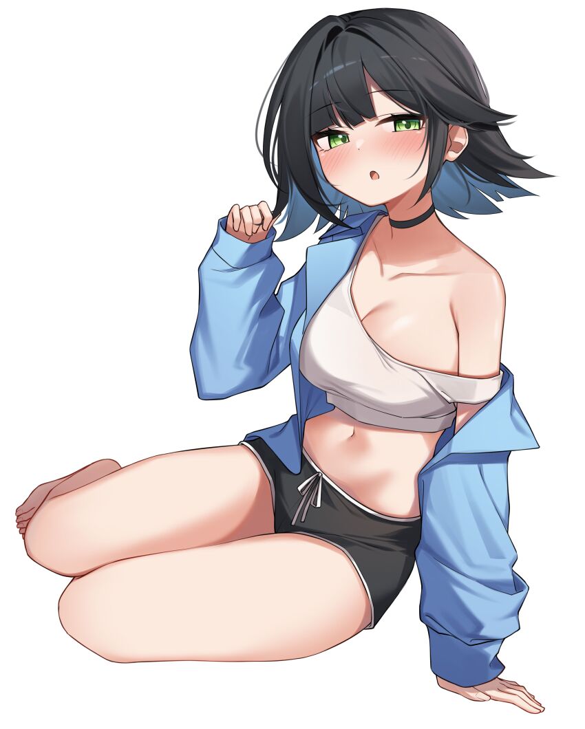 1girl abigail_(black_survival) absurdres alternate_costume bare_shoulders barefoot black_choker black_hair black_shorts black_survival blue_jacket breasts choker cleavage collarbone colored_inner_hair commission crop_top drawstring eternal_return:_black_survival green_eyes hand_up highres jacket large_breasts long_sleeves looking_at_viewer midriff multicolored_hair navel off_shoulder open_clothes open_jacket open_mouth second-party_source shirt short_hair short_shorts shorts simple_background sitting sleeveless sleeveless_shirt solo stomach strap_slip thighs white_background white_shirt yokozuwari ziro_(zirorong)