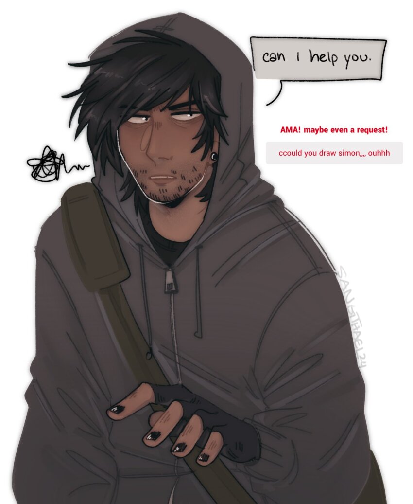 1boy annoyed bag beard_stubble black_hair black_shirt constricted_pupils cry_of_fear dark-skinned_male dark_skin dialogue_box earrings english_text facial_hair grey_hoodie highres hood hood_up hoodie jewelry male_focus open_mouth reaching reaching_towards_viewer request_inset sangthael shirt short_hair shoulder_bag simon_henriksson solo stubble stud_earrings swept_bangs upper_body