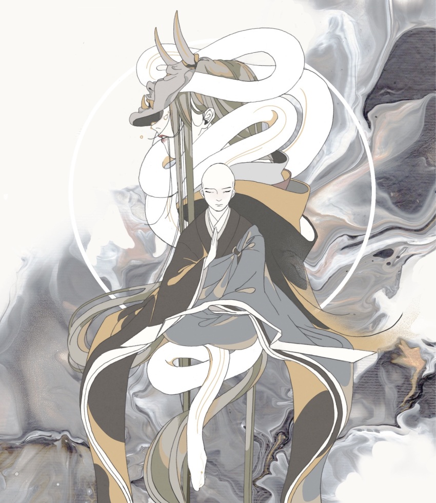 1boy 1girl abhaya_mudra abstract_background bald black_kimono closed_eyes closed_mouth commentary_request covered_eyes facing_viewer full_body grey_hair hair_in_own_mouth hannya highres japanese_clothes kimono long_hair mask monk mudra noh_mask open_hand original red_lips sitting snake surie white_snake