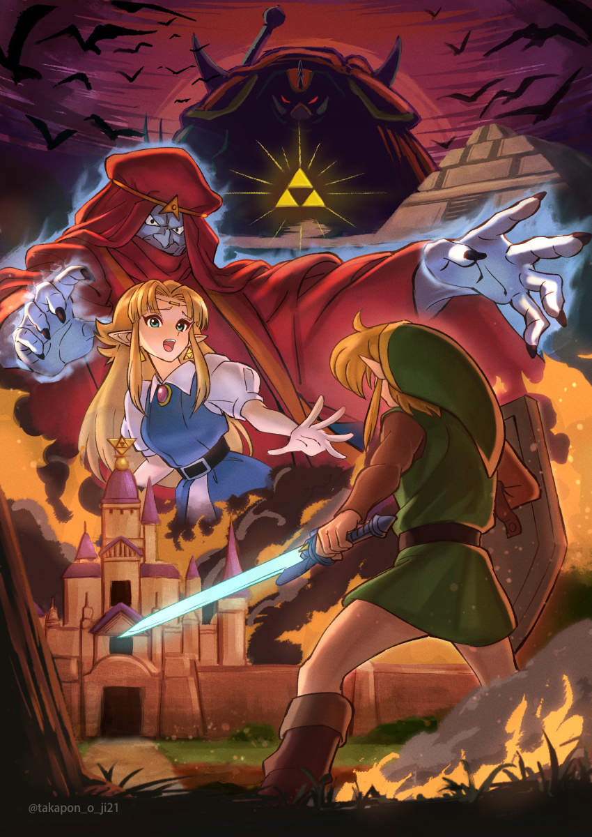 1girl 2boys absurdres agahnim belt belt_buckle black_nails blonde_hair blue_eyes boots brooch buckle castle earrings fingernails ganon hat highres hood hyrule_castle jewelry link long_fingernails long_sleeves master_sword multiple_boys nintendo open_mouth princess_zelda pyramid_(structure) shield smoke takapon-o-ji the_legend_of_zelda the_legend_of_zelda:_a_link_to_the_past triforce tunic yellow_background