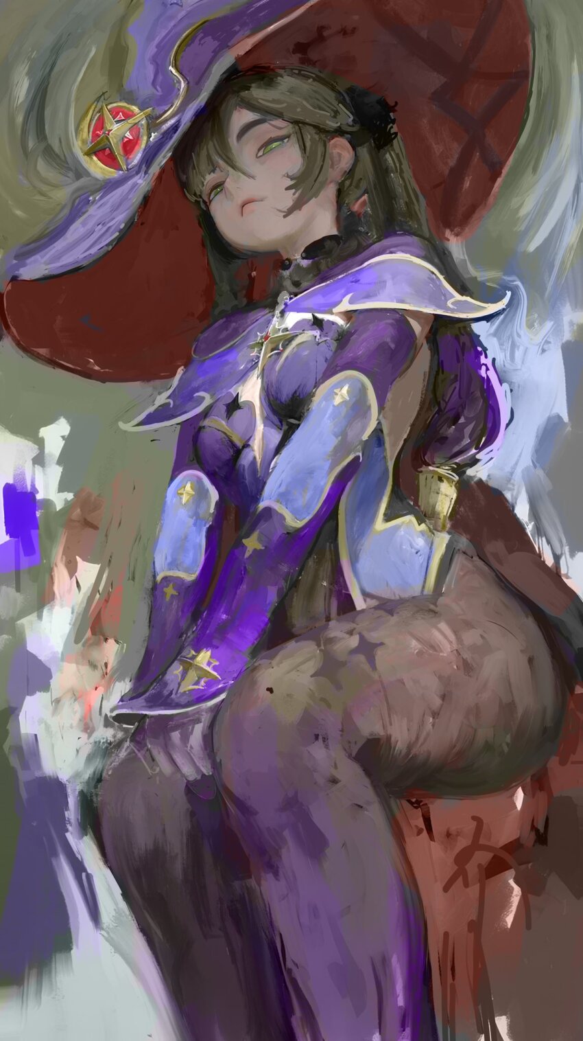 1girl abstract_background ass black_hair blue_leotard brown_pantyhose brush_stroke closed_mouth cowboy_shot daodtt detached_sleeves faux_traditional_media feet_out_of_frame from_below from_side frown genshin_impact glaring green_eyes hands_on_own_knee hashtag-only_commentary hat highres invisible_chair leotard long_hair looking_at_viewer mona_(genshin_impact) painterly pantyhose purple_hat purple_sleeves sidelocks sitting solo sparkle_print thighs traditional_media twintails v_arms witch_hat
