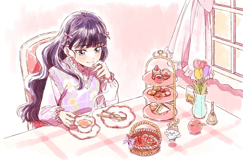 1girl blue_eyes buttons chair collared_shirt cup curtains delicious_party_precure dessert dress_shirt flower food fork frilled_shirt_collar frills hair_ribbon highres indoors kasai_amane long_hair long_sleeves on_chair plant plate potted_plant precure purple_hair purple_shirt purple_sweater_vest ribbon shirt sidelocks sitting smile solo spoon steam sweater_vest table tea teacup tulip wavy_hair window yufu_kyouko