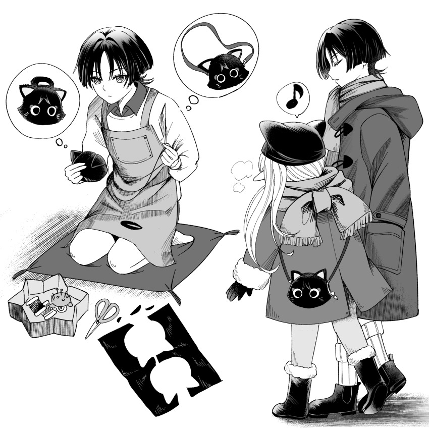 1boy 1girl alternate_costume apron caramelo_game closed_eyes commentary_request contemporary genshin_impact greyscale hand_in_pocket hat height_difference highres jacket long_hair monochrome nahida_(genshin_impact) paper_cutout scaramouche_(cat)_(genshin_impact) scaramouche_(genshin_impact) scarf scissors seiza short_hair simple_background sitting speech_bubble thought_bubble winter_clothes