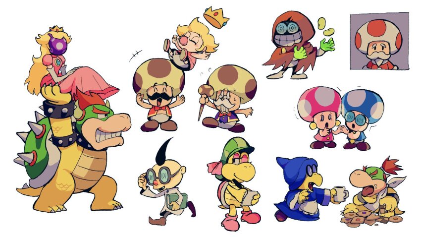 +++ 4girls 6+boys :d ^_^ apron armlet arms_up baby_bowser baby_peach bandana black_hair blonde_hair bloomers blue_headwear blue_robe book bow bowser bowtie bracelet brown_footwear cane checkerboard_cookie claws clenched_teeth cloak closed_eyes closed_mouth coat coffee coffee_mug coke-bottle_glasses collar colored_skin commentary cookie crown cup dress earrings elbow_gloves english_commentary facial_hair fang fawful flying_sweatdrops food food_on_face glasses gloves green_headwear green_skin grin hat hat_ribbon highres holding holding_book holding_cane holding_cup holding_food holding_hands hollijolli_mayor hood hood_up hooded_cloak horns jewelry kamek kylie_koopa lab_coat long_hair long_sleeves mario_&amp;_luigi:_partners_in_time mario_&amp;_luigi_rpg mario_(series) mug multiple_boys multiple_girls mustache nervous nintendo one_eye_closed open_clothes open_mouth open_vest pacifier pink_dress pink_ribbon pink_shoes princess_peach professor_elvin_gadd puffy_short_sleeves puffy_sleeves purple_vest raised_eyebrows red_bow red_bowtie red_cloak red_hair red_vest ribbon rinabee_(rinabele0120) robe round_eyewear shoes short_sleeves simple_background smile sphere_earrings spiked_armlet spiked_bracelet spiked_collar spiked_shell spiked_tail spikes sweat tail teeth thumbprint_cookie toad_(mario) toadbert toadiko toadsworth toadsworth_the_younger tongue tongue_out topknot trembling turtle_shell underwear v-shaped_eyebrows vest waist_apron walking white_apron white_background white_bandana white_bloomers white_coat white_gloves wide-eyed wide_sleeves