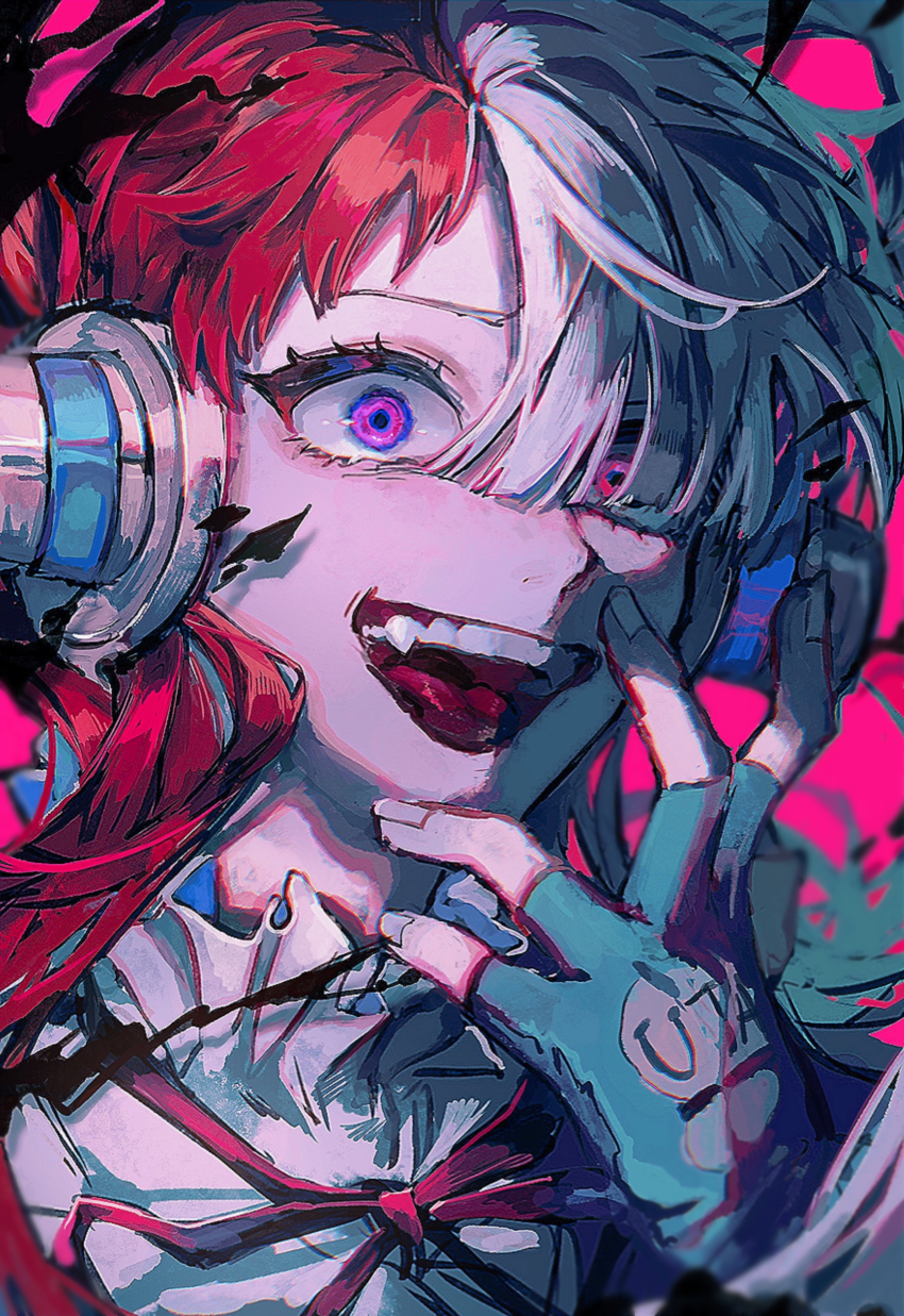 1girl :d absurdres asymmetrical_bangs blue_gloves character_name clothes_writing commentary crazy dress eyebrows_hidden_by_hair fang fingerless_gloves fingernails gloves hair_over_one_eye hand_up headset highres looking_at_viewer multicolored_hair neck_ribbon one_piece one_piece_film:_red oo6 open_mouth purple_eyes red_hair red_ribbon ribbon smile solo teeth tongue two-tone_hair upper_body uta_(one_piece) white_dress white_hair