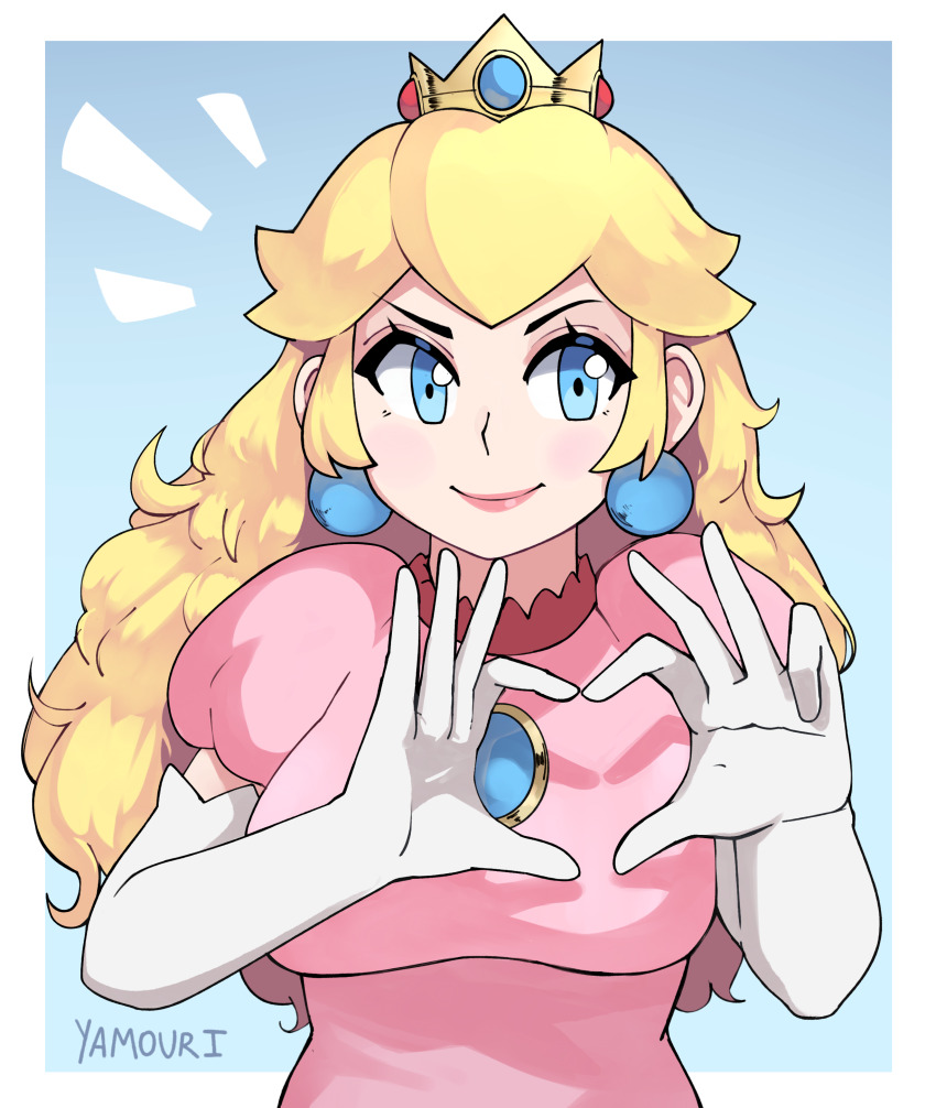 1girl absurdres blue_eyes breasts crown dress earrings gloves heart highres jewelry large_breasts lips long_hair mario_(series) nintendo princess_peach short_sleeves super_mario_bros._1 yamouri