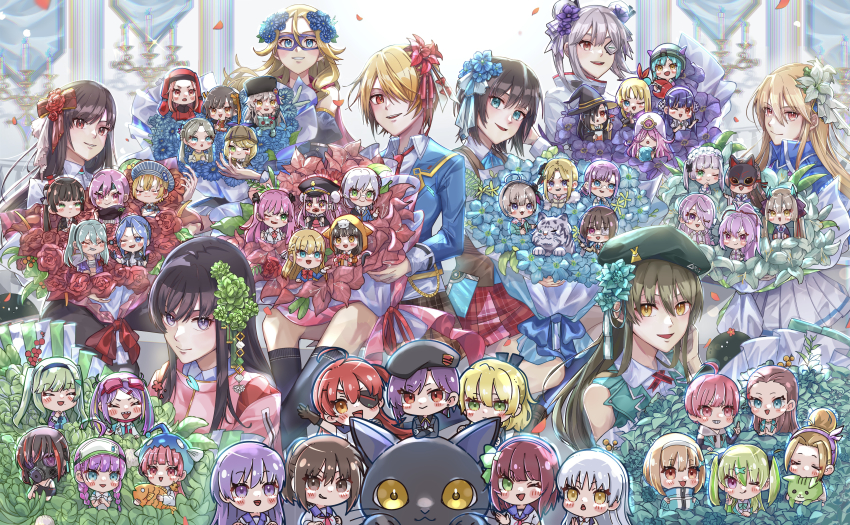absolutely_everyone absurdres ahoge aikawa_megumi aoi_erika asakura_karen_(heaven_burns_red) asami_makiko_(heaven_burns_red) blonde_hair blue_eyes blue_flower blue_hair blush bouquet braid brown_eyes brown_hair bungo_yayoi byakko_(heaven_burns_red) carole_reaper cat character_request charlotta_skopovskaya commentary_request date_akari everyone eye_mask eyepatch femj2435 flower gas_mask glasses gloves green_eyes hair_flower hair_ornament hair_over_eyes hair_over_one_eye hairband hanamura_shiki hat heaven_burns_red highres higuchi_seika hiiragi_kozue holding holding_bouquet irene_redmayne ishii_iroha izumi_yuki_(heaven_burns_red) kanzaki_adelheid kayamori_ruka kiryuu_miya kunimi_tama kura_satomi kurozawa_maki li_yingxia maria_de_angelis maruyama_kanata mask matsuoka_chiroru mikoto_fubuki minase_ichigo minase_sumomo mizuhara_aina murohushi_risa nanase_nanami_(heaven_burns_red) narvy_(heaven_burns_red) natsume_inori necktie nikaidou_misato ogasawara_hisame one_eye_closed ooshima_ichiko ooshima_isuzu ooshima_minori ooshima_muua ooshima_niina ooshima_yotsuha open_mouth pink_hair purple_eyes purple_flower purple_hair red_flower red_hair sakuraba_seira satsuki_mari shirakawa_yuina smile sugawara_chie tenne_miko tezuka_saki tiger toujou_tsukasa tsukishiro_monaka twin_braids vritika_balakrishnan white_hair witch_hat yamawaki_bon_ivar yanagi_mion