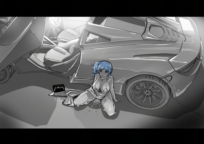 1girl azur_lane bag bare_shoulders blue_hair breasts car cleavage dress evening_gown halterneck handbag highres jewelry kneeling large_breasts monochrome motor_vehicle necklace official_alternate_costume plunging_neckline pussy_juice revealing_clothes sashizume_soutarou scissor_doors side_ponytail sidelocks silver_dress solo sports_car st._louis_(azur_lane) st._louis_(luxurious_wheels)_(azur_lane)