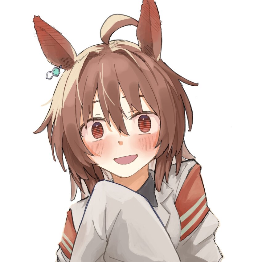 1girl agnes_tachyon_(tach-nology)_(umamusume) agnes_tachyon_(umamusume) ahoge animal_ears black_shirt blush brown_hair coat collared_shirt ear_blush earrings hair_between_eyes highres horse_ears horse_girl jewelry lab_coat looking_at_viewer open_mouth red_eyes shirt simple_background single_earring sleeves_past_fingers sleeves_past_wrists smile solo ta_ta_tap umamusume upper_body white_background white_coat