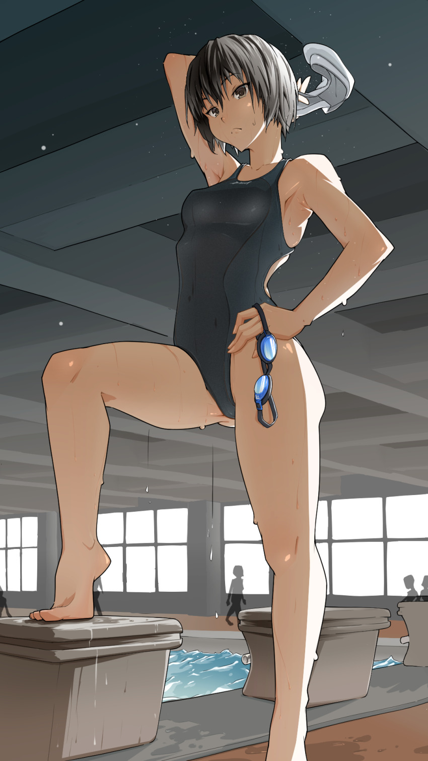 1girl amagami arm_up armpits bare_shoulders barefoot black_hair black_one-piece_swimsuit blue_one-piece_swimsuit breasts brown_eyes closed_mouth collarbone commentary competition_swimsuit covered_navel cowpersurfer diving_block dripping expressionless foot_up from_below from_side goggles hand_on_own_hip hat heel_up highleg highleg_one-piece_swimsuit highres holding holding_goggles holding_unworn_clothes holding_unworn_hat indoors light_particles looking_at_viewer looking_down looking_to_the_side medium_breasts nanasaki_ai one-piece_swimsuit people pool poolside short_hair solo_focus swimsuit toes unworn_goggles unworn_hat unworn_headwear unworn_swim_cap water wet wet_floor wet_hair window