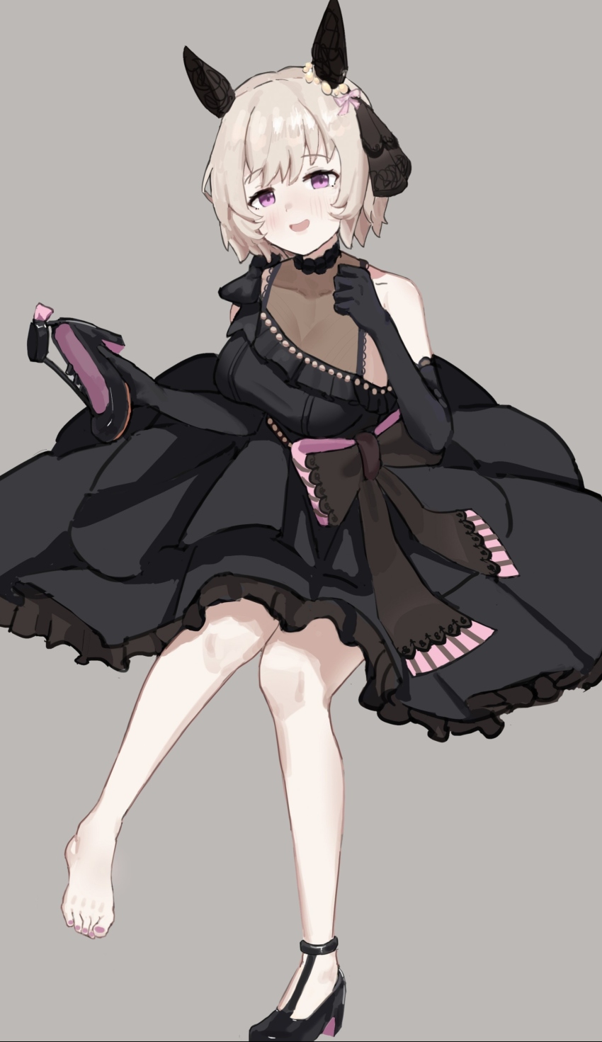 1girl absurdres animal_ears bare_shoulders barefoot black_dress black_gloves black_shoes blush bow breasts chinese_commentary commentary_request curren_chan_(sakutsuki_ma_cherie)_(umamusume) curren_chan_(umamusume) dress ear_covers ear_ornament elbow_gloves full_body gloves grey_background grey_hair high_heels highres holding_shoe horse_ears horse_girl horse_tail looking_at_viewer medium_breasts mixed-language_commentary nail_polish official_alternate_costume open_mouth pink_bow pink_nails purple_eyes shoes short_hair simple_background single_bare_shoulder single_shoe smile solo tail toenail_polish toenails toes umamusume unworn_shoes white_hair xiao_jiucai