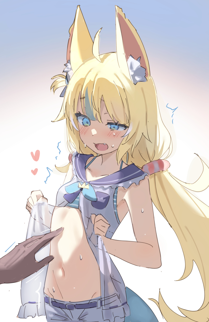 1girl absurdres ahoge animal_ear_fluff animal_ears belt blonde_hair blue_eyes blue_hair cat_ears collarbone commentary dress fins fish_girl fish_tail heart highres indie_virtual_youtuber long_hair low_twintails mahou_io multicolored_hair navel one_side_up open_clothes open_dress sameko_saba shorts simple_background solo_focus stomach streaked_hair sweat swimsuit tail twintails very_long_hair virtual_youtuber white_background