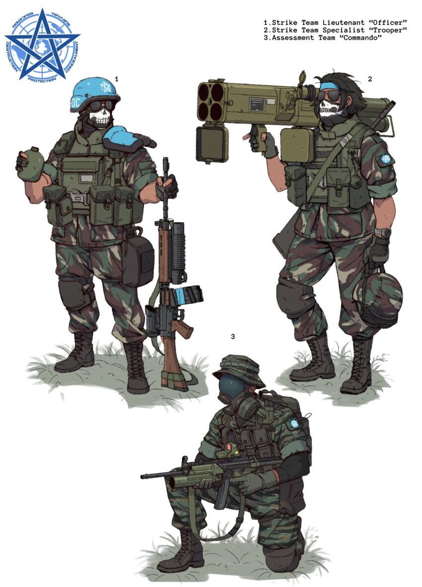 3boys backpack bag bulletproof_vest camouflage camouflage_jacket camouflage_pants canteen english_text fingerless_gloves gas_mask gloves grenade_launcher gun hat_legs helmet highres holding_canteen jacket knee_pads mask military military_combat_uniform military_uniform mouth_mask multiple_boys pants pouch reflex_sight rifle rocket_launcher scope scp_foundation sunglasses underbarrel_grenade_launcher watch weapon wristwatch