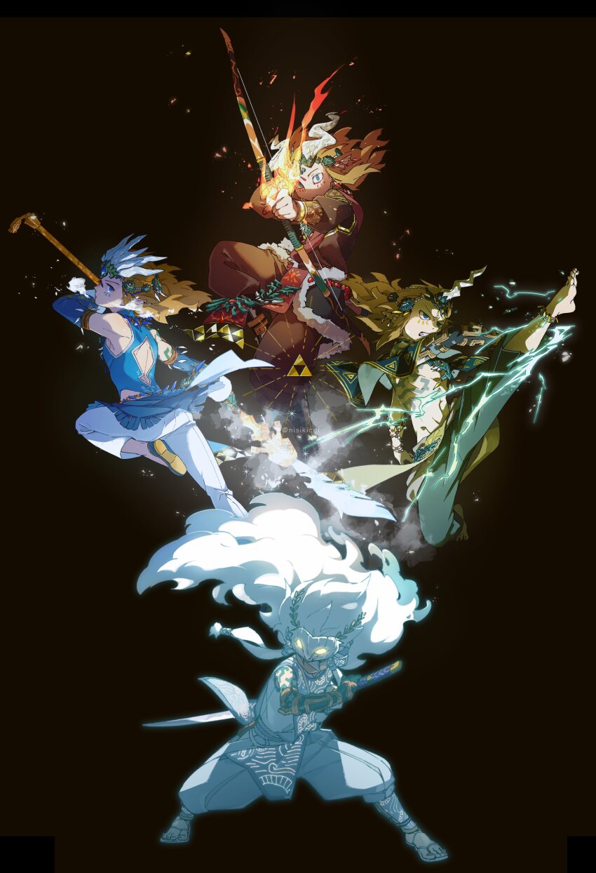 4boys absurdres aiming aiming_at_viewer back_cutout bow_(weapon) charged_set_(zelda) clothing_cutout electricity ember_set_(zelda) fake_horns fighting_stance fire flaming_arrow flying_kick frostbite_set_(zelda) highres horned_headwear horns kicking koi_(nisikicoi) link mask mask_on_head medium_hair multiple_boys multiple_persona mystic_set_(zelda) nintendo pointy_ears polearm sandals spear sword the_legend_of_zelda the_legend_of_zelda:_tears_of_the_kingdom tiara weapon