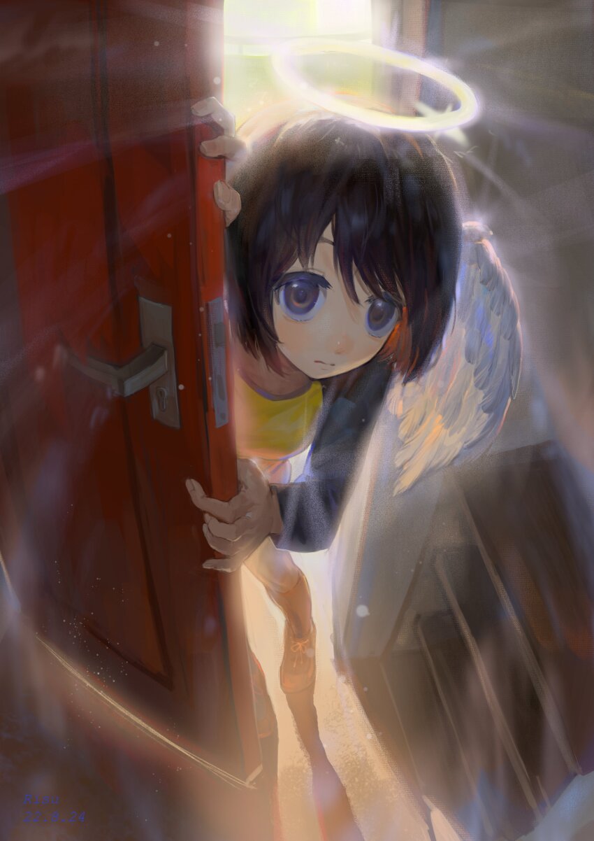 1girl absurdres angel angel_wings artist_name black_hair black_shirt bob_cut breasts brown_eyes closed_mouth commentary dated day door expressionless feathered_wings foreshortening from_above glowing hair_between_eyes halo highres kneehighs long_sleeves looking_at_viewer looking_inside looking_up nakahara_misaki nhk_ni_youkoso! open_door opening_door peeking_out pov raglan_sleeves risu_(risu246) shelf shirt shoes short_hair small_breasts sneakers socks solo standing swept_bangs t-shirt two-tone_shirt upturned_eyes white_wings wings wooden_floor yellow_shirt