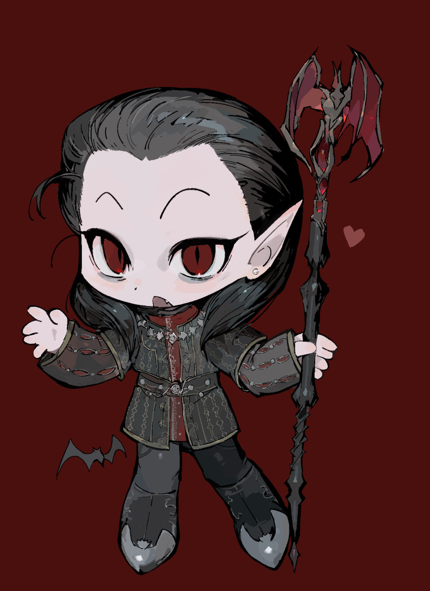 1boy baldur&#039;s_gate baldur&#039;s_gate_3 bat_(animal) black_hair black_jacket black_pants cazador_szarr chibi chibi_only chinese_commentary commentary_request dungeons_&amp;_dragons earrings fang forehead grey_shoes heart highres jacket jewelry layered_sleeves long_sleeves male_focus medium_hair open_mouth pants pointy_ears red_background red_eyes red_shirt shirt shoes short_over_long_sleeves short_sleeves simple_background slit_pupils solo stud_earrings vihua6