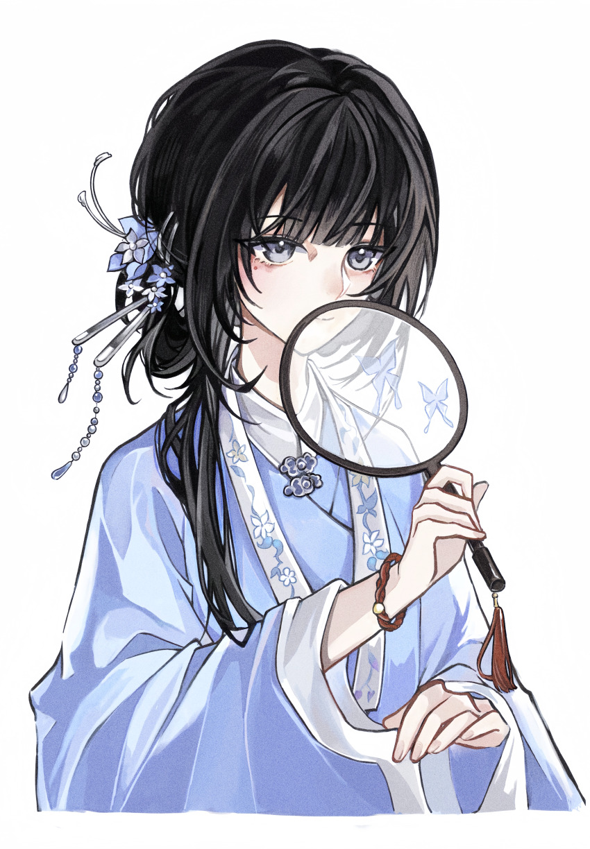 1girl absurdres beizi_(clothing) black_hair bracelet bug chinese_clothes epiao flower grey_eyes hair_bun hair_flower hair_ornament hair_stick hand_fan hanfu highres holding holding_fan jewelry long_hair long_sleeves looking_at_viewer mansui_(epiao) mole mole_under_eye official_alternate_costume official_alternate_hairstyle pankou procreate_(medium) simple_background single_hair_bun single_sidelock solo tassel transparent_fan tuanshan upper_body very_low_bun white_background wide_sleeves yigujingyuan268