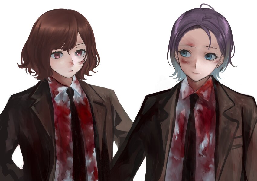 2girls asakura_toru black_necktie blood blood_on_clothes blood_on_face blue_hair brown_hair brown_jacket collared_shirt dirty dirty_clothes ear_piercing formal_clothes gradient_hair hair_slicked_back hands_on_own_hips highres higuchi_madoka idolmaster idolmaster_shiny_colors jacket lapels long_sleeves looking_to_the_side mole mole_under_eye multicolored_hair multiple_girls necktie open_clothes open_jacket piercing purple_hair red_eyes shirt side-by-side simple_background smeared_blood smile suit suit_jacket upper_body white_background yamaichi_(yama3ichi4)