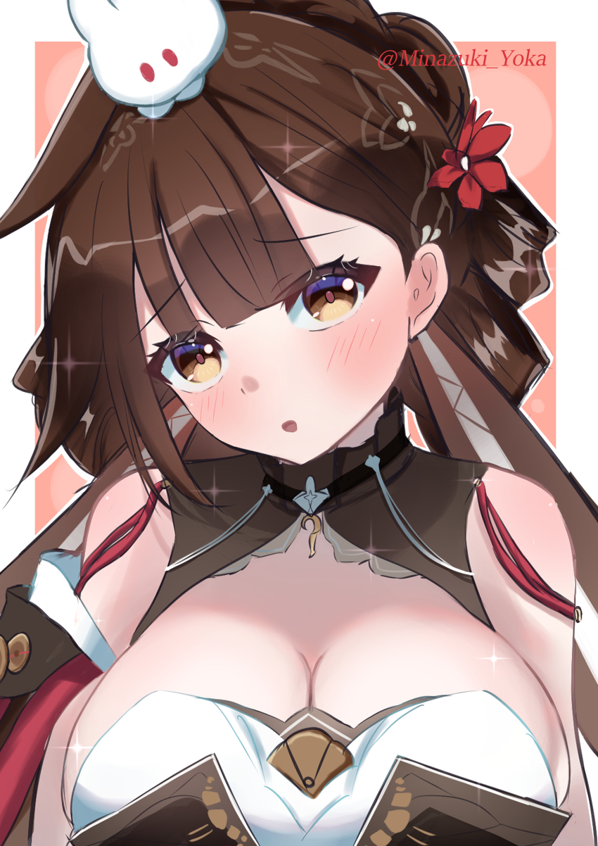 1girl :o absurdres animal animal_on_head border breasts brown_eyes brown_hair cleavage commentary_request flower gundam68 hair_flower hair_ornament highres honkai_(series) honkai_impact_3rd large_breasts li_sushang li_sushang_(auspicious_dazzle) li_sushang_(jade_knight) long_hair official_alternate_costume on_head pink_background solo twitter_username upper_body white_border white_rabbit_(animal)
