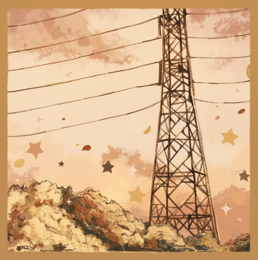 border brown_border brown_sky brown_theme bush cloud cloudy_sky day dots highres hill landscape millefobi monochrome no_humans original outdoors power_lines scenery sepia signature sketch sky sparkle star_(symbol) transmission_tower