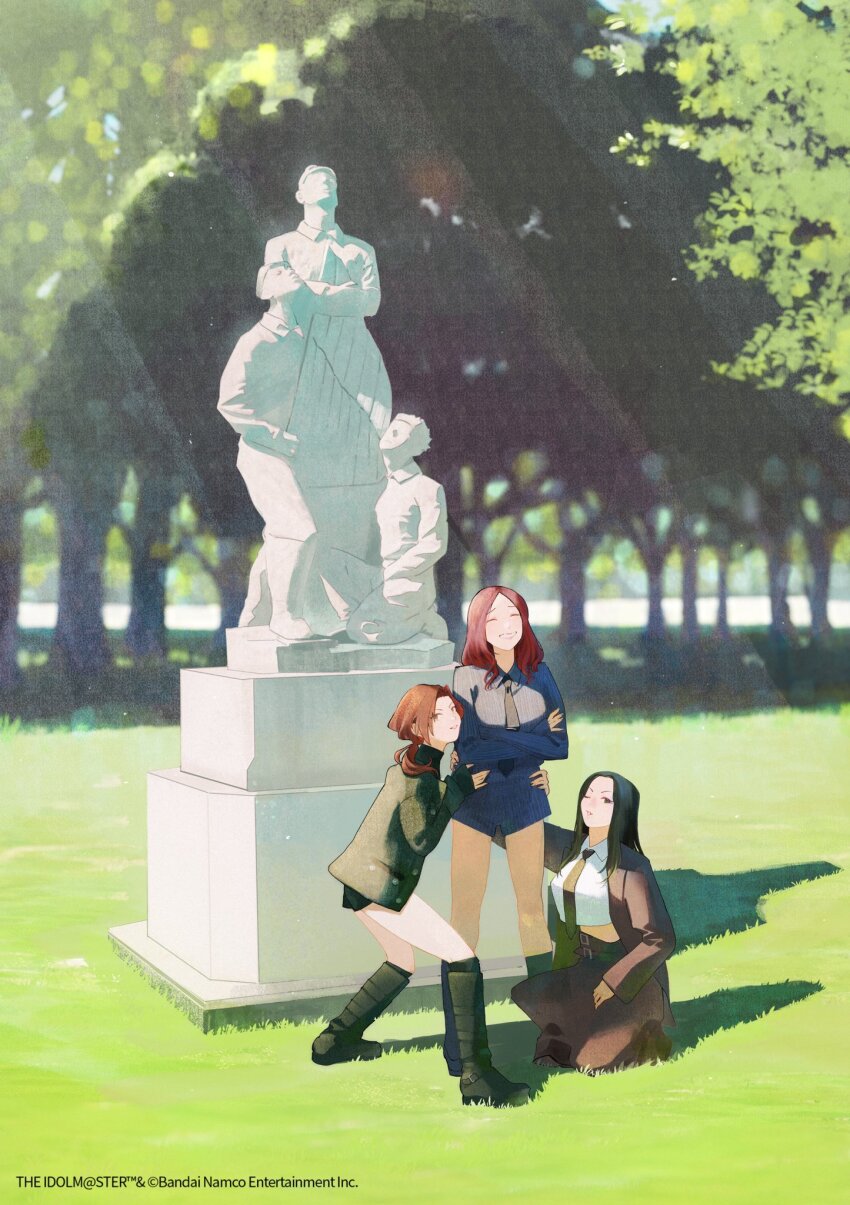 3girls black_hair boots brown_hair closed_eyes crossed_arms fragments_of_the_idolmaster_cinderella_girls full_body helen_(idolmaster) highres idolmaster idolmaster_cinderella_girls jacket kawashima_mizuki low_ponytail multiple_girls necktie official_art one_eye_closed open_clothes open_jacket outdoors ponytail pose_imitation real_world_location red_hair saita_hanamichi sawada_marina shorts smile statue sunlight
