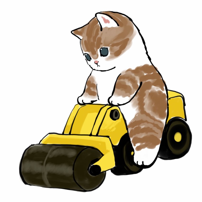 :&lt; animal_ears aqua_eyes cat cat_ears construction driving highres kitten mofu_sand original simple_background steamroller white_background