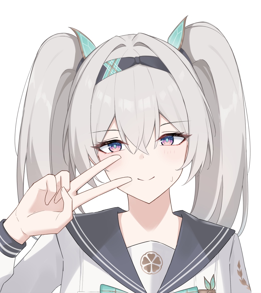 1girl absurdres aqua_pupils black_hairband blue_eyes commentary firefly_(honkai:_star_rail) firefly_(spring_missive)_(honkai:_star_rail) grey_hair grey_sailor_collar hair_between_eyes hairband hand_up highres honkai:_star_rail honkai_(series) light_blush long_hair long_sleeves multicolored_eyes nicel pink_eyes portrait sailor_collar shirt simple_background solo sweatdrop twintails two-tone_eyes v white_background white_shirt