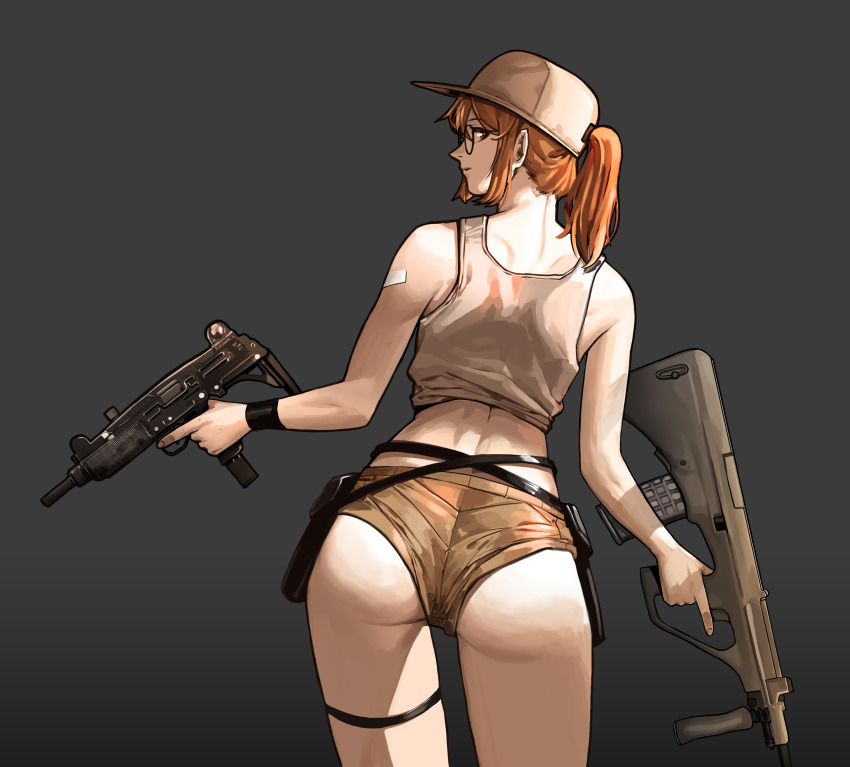 1girl absurdres ass assault_rifle asymmetrical_dual_wielding brown_eyes brown_hair bullpup carbine cowboy_shot crop_top dual_wielding female_focus fio_germi glasses grey_background gun hair_between_eyes hat highres holding holster looking_back machine_pistol metal_slug ponytail rifle seriousman short_shorts shorts simple_background snk solo standing steyr_aug submachine_gun tank_top thigh_strap uzi weapon