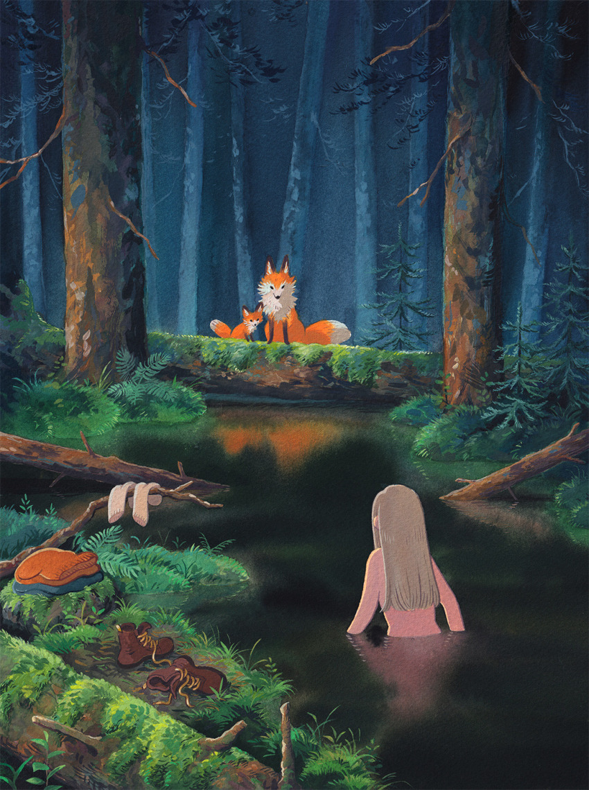 1girl bathing blonde_hair boots branch brown_boots commentary english_commentary facing_animal fern forest fox fox_cub grass heikala highres log long_hair moss nature nude original outdoors painting_(medium) pine_tree pond reflection reflective_water rock sapling scenery skinny_dipping socks solo traditional_media tree unworn_boots unworn_clothes unworn_socks wading watercolor_(medium) white_socks