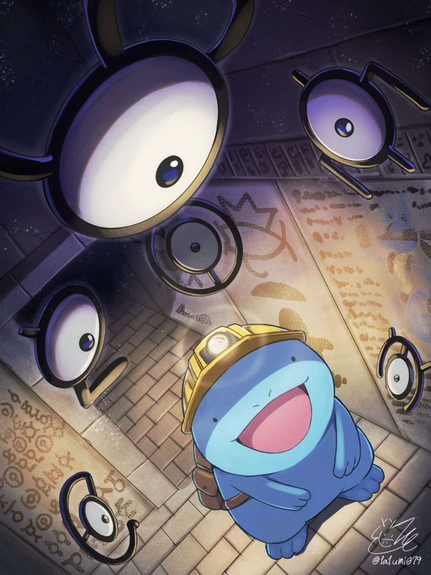 ._. artist_name backpack bag black_eyes blue_eyes dutch_angle egyptian_art english_text from_above game_freak gen_1_pokemon gen_2_pokemon gen_4_pokemon happy headlamp helmet indoors looking_at_another looking_down looking_up lucario magikarp nintendo one-eyed open_mouth pokemon pokemon_(creature) quagsire signature smile tatsumi_(panneko) thank_you twitter_username unown unown_c unown_e unown_l unown_m unown_o unown_w unownglyphics yellow_helmet