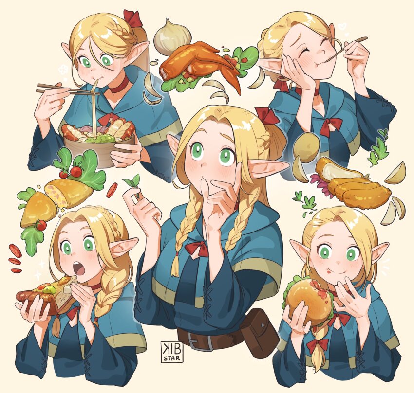 1girl belt belt_pouch blonde_hair blue_capelet blue_robe bow braid burger capelet cherry_tomato choker chopsticks commentary cropped_torso dungeon_meshi elf english_commentary facing_viewer food fried_food green_eyes hair_bow hand_on_own_face herb highres holding holding_burger holding_chopsticks holding_food hood hooded_capelet kibstar light_blush long_hair marcille_donato multiple_views onion parted_hair pointy_ears ponytail pouch red_choker robe salad signature simple_background tart_(food) tomato twin_braids utensil_in_mouth yellow_background