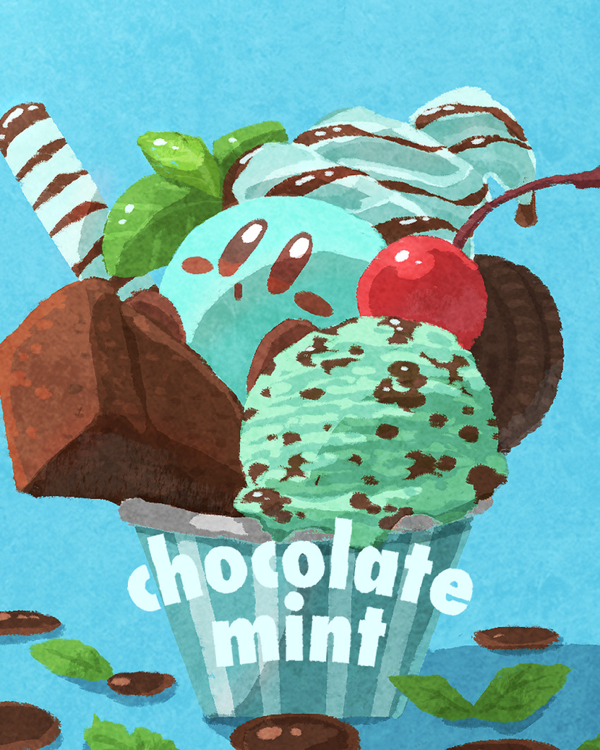 cherry chocolate cookie food food_focus food_name fruit highres ice_cream in_food kirby kirby_(series) miclot mint mint_chocolate mint_chocolate_(razschi) nintendo no_humans soft_serve wafer_stick