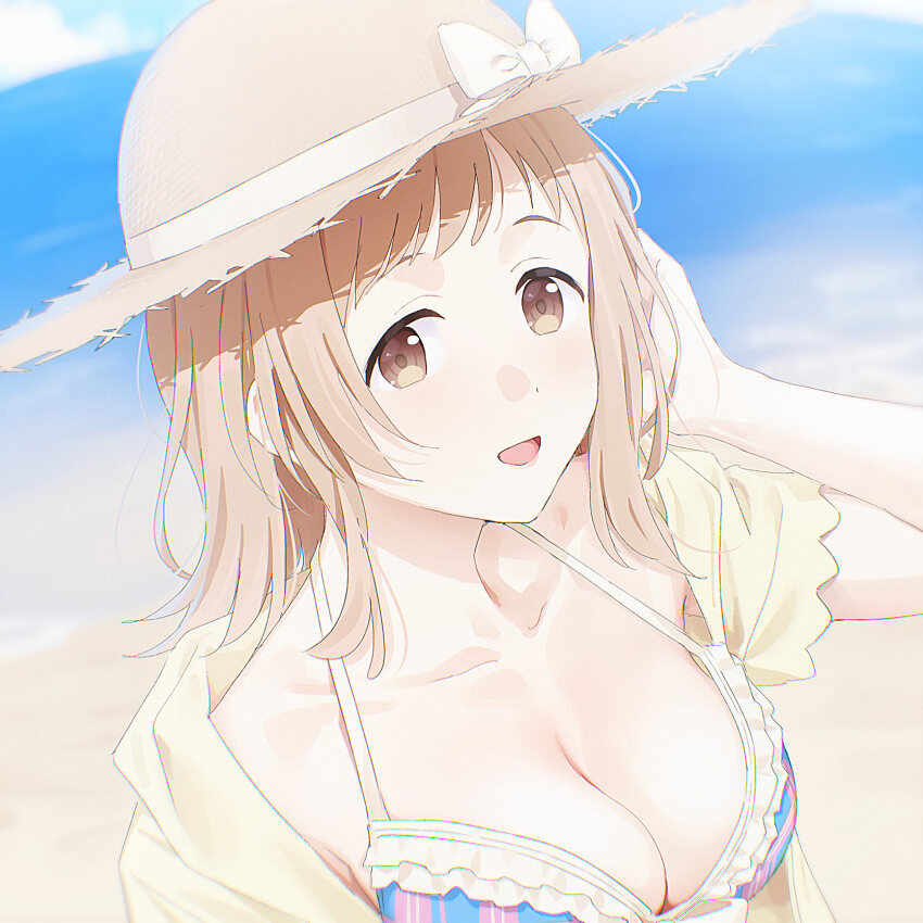 1girl :d beach bikini breasts brown_eyes brown_hair cleavage collarbone frilled_bikini frills hat highres idolmaster idolmaster_shiny_colors jacket looking_at_viewer medium_breasts medium_hair mikazuchi_zeus open_clothes open_jacket open_mouth sakuragi_mano short_sleeves smile solo straw_hat striped_bikini striped_clothes swimsuit tucking_hair upper_body vertical-striped_bikini vertical-striped_clothes yellow_jacket