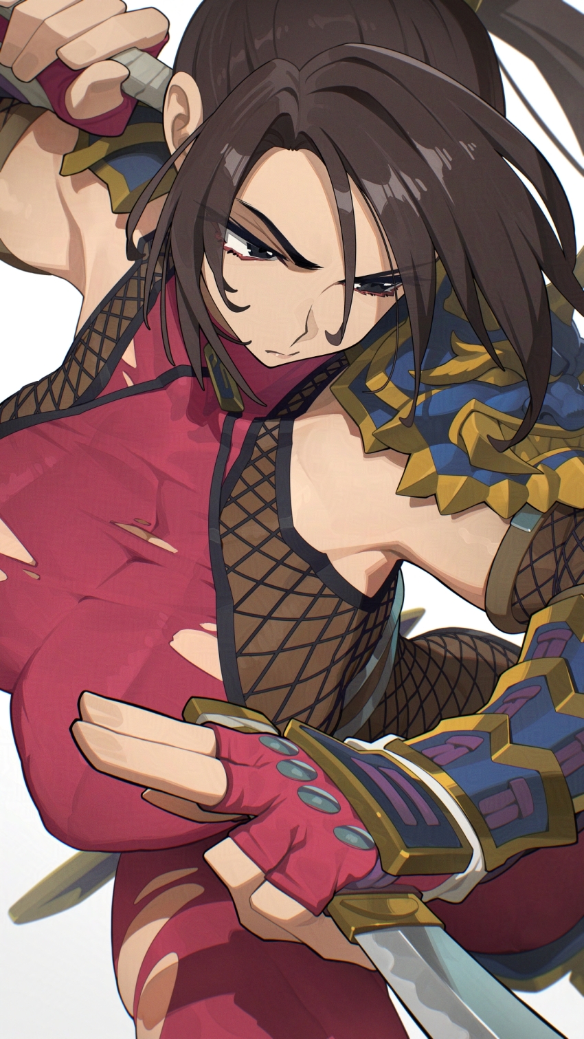 black_eyes black_hair bodysuit breasts closed_mouth commentary_request commission fingerless_gloves fishnets gloves gradient_background grey_background hata4564 highres holding holding_behind_back holding_weapon holding_weapon_behind_back large_breasts red_bodysuit red_gloves skeb_commission soul_calibur taki_(soulcalibur) torn_bodysuit torn_clothes weapon