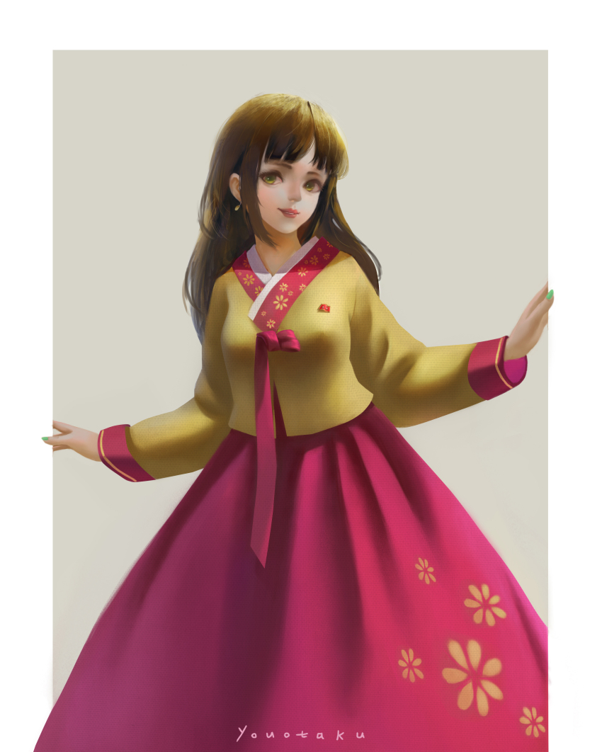 1girl absurdres brooch brown_hair chima_(clothes) covered_erect_nipples green_eyes green_nails hanbok highres jewelry kim_il-sung kim_jong-il korean_clothes long_hair long_sleeves north_korea original pink_skirt shirt skirt solo yellow_shirt youotaku