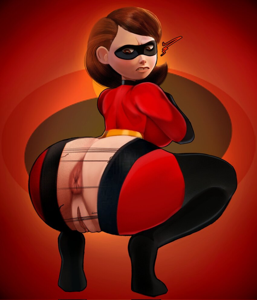 1girl ass black_bodysuit black_thighhighs bodysuit brown_eyes brown_hair crbtps elastigirl helen_parr highres looking_back puckered_anus pussy red_bodysuit short_hair solo squatting superhero_costume the_incredibles thighhighs tiptoes torn_bodysuit torn_clothes two-tone_bodysuit