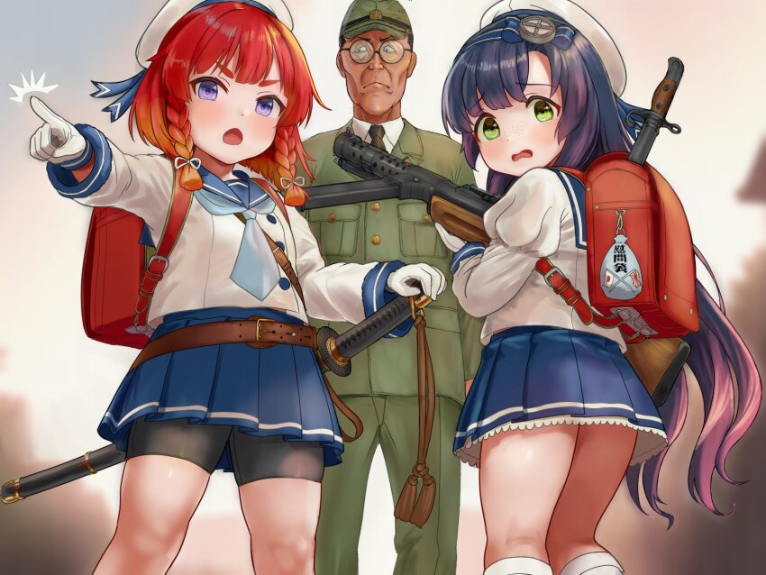 1boy 2girls backpack bag bike_shorts black_hair blue_neckerchief blue_sailor_collar blue_skirt bob_cut braid em_s etorofu_(kancolle) glasses gloves gradient_hair green_eyes gun hat highres kantai_collection katana looking_back matsuwa_(kancolle) military_police military_uniform multicolored_hair multiple_girls neckerchief old old_man orange_hair pointing purple_eyes randoseru red_hair sailor_collar sailor_hat school_uniform serafuku shorts shorts_under_skirt side_braid side_braids skirt socks sword thick_eyebrows twin_braids weapon white_gloves white_hat white_socks