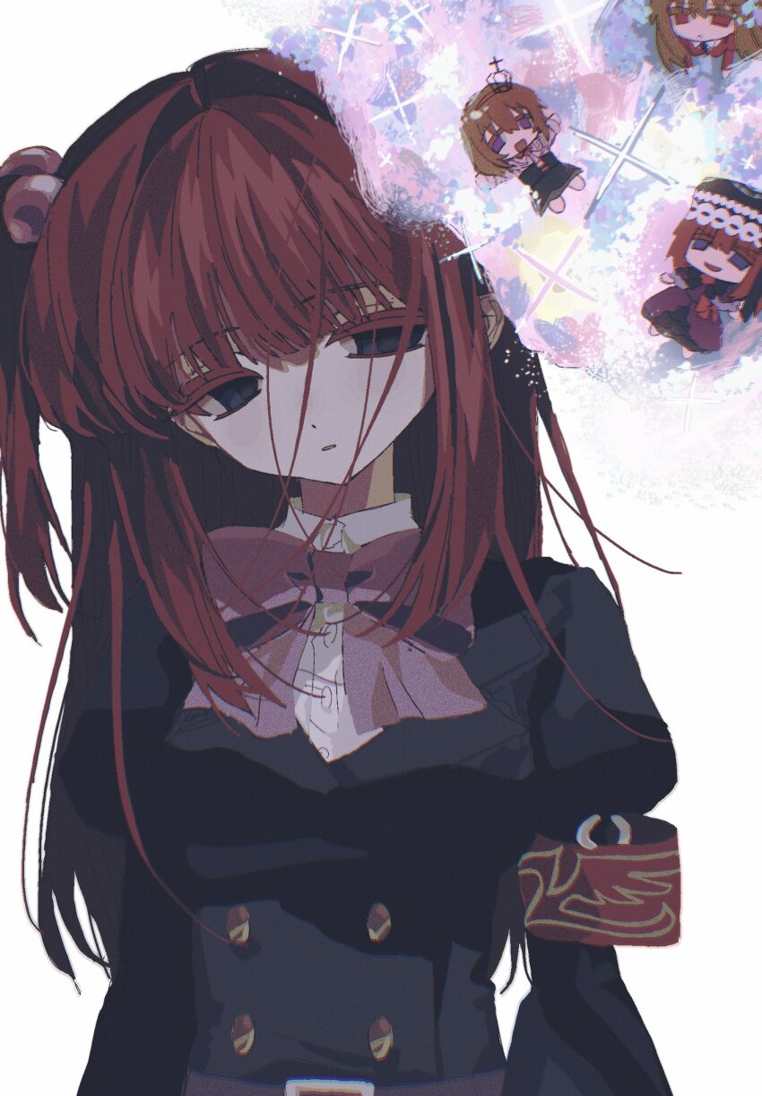 1girl alliance_of_the_golden_witch blue_eyes buttons eva_beatrice half-closed_eyes highres loose_hair_strand ludo_(grapewood1005) mammon_(umineko) maria_(umineko) red_hair solo standing two_side_up umineko_no_naku_koro_ni ushiromiya_ange ushiromiya_maria white_background