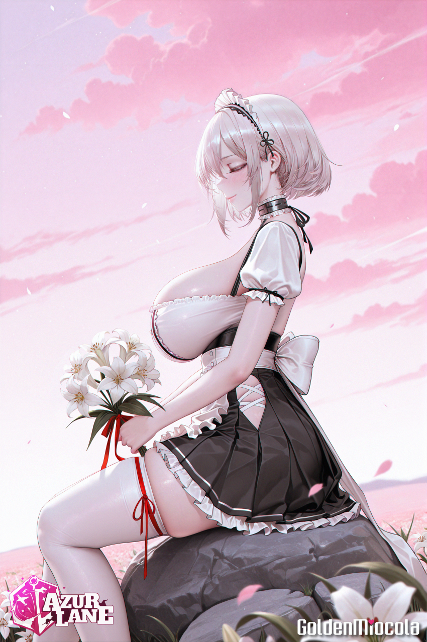 1girl absurdres anchor_choker artist_name azur_lane black_dress bouquet breasts closed_eyes dress feet_out_of_frame flower from_side goldenmiocola hairband highres holding holding_bouquet lace-trimmed_hairband lace_trim large_breasts lily_(flower) morning on_rock outdoors puffy_short_sleeves puffy_sleeves ribbon-trimmed_thighhighs ribbon_trim short_dress short_sleeves sirius_(azur_lane) sitting solo thighhighs two-tone_dress white_dress white_flower white_hair white_thighhighs zettai_ryouiki